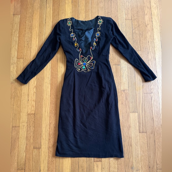 Vintage Dresses & Skirts - 80s Vintage Long Sleeve Gothic Jewel-Trimmed Mini Dress Sz Sm